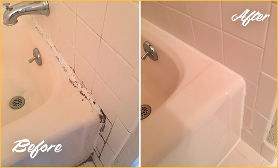 Before and After Picture of a Skillman Bathroom Sink Caulked to Fix a DIY Proyect Gone Wrong