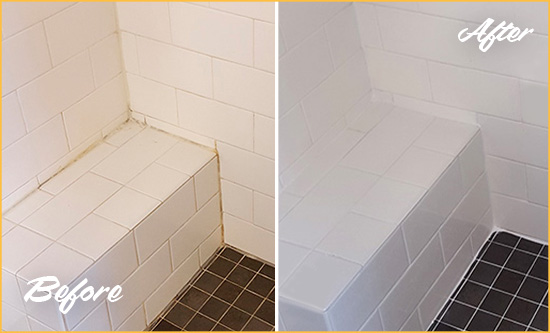 Before and After Picture of a Basking Ridge Shower Seat Caulked to Protect Against Mold and Mildew Growth