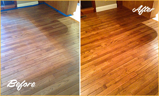 Before and After Picture of a Lambertville Wood Sandless Refinishing Service on a Dull Floor to Recover Its Sheen