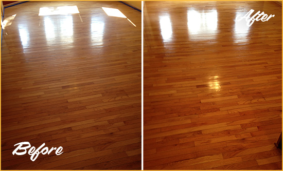 Before and After Picture of a Pluckemin Wood Sandless Refinishing Service on a Room Floor to Remove Scratches