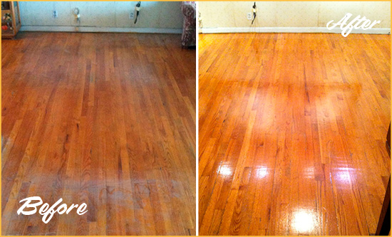 Before and After Picture of a Little York Wood Sandless Refinishing Service on a Stained Floor