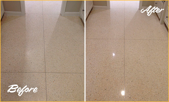 Before and After Picture of a Lyons Granite Stone Floor Polished to Repair Dullness