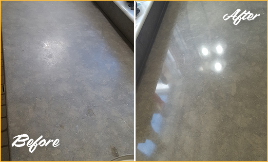 Before and After Picture of a Dull Three Bridges Limestone Countertop Polished to Recover Its Color