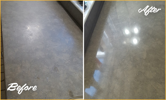 Before and After Picture of a Dull High Bridge Limestone Countertop Polished to Recover Its Color