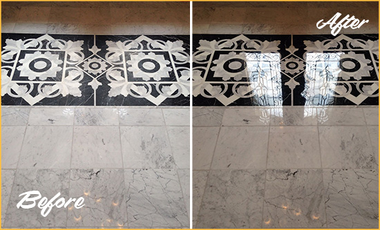 Before and After Picture of a Three Bridges Marble Stone Floor Polished to a Mirror Shine