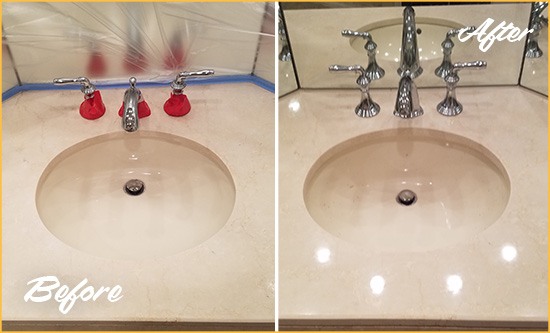 Before and After Picture of a Dull Three Bridges Marble Stone Vanity Top Polished to Bring-Back Its Sheen