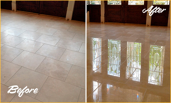 Before and After Picture of a Dull Three Bridges Travertine Stone Floor Polished to Recover Its Gloss