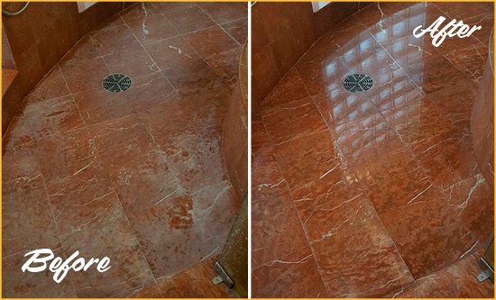 Before and After Picture of a Three Bridges Marble Stone Shower Polished to Eliminate Mineral Deposits
