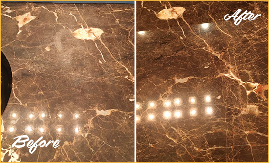 Before and After Picture of a Three Bridges Marble Stone Countertop Polished to Eliminate Stains