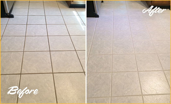 Before and After Picture of a Flagtown Kitchen Ceramic Floor Sealed to Protect From Dirt and Spills