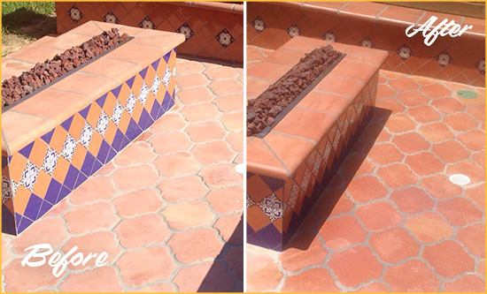 Before and After Picture of a Dull Raritan Terracotta Patio Floor Sealed For UV Protection