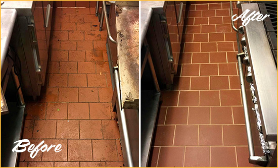 Before and After Picture of a Dunellen Restaurant Kitchen Floor Sealed to Remove Soil