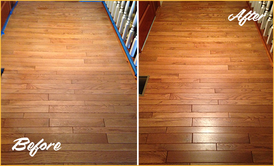 Before and After Picture of a Dunellen Wood Sand Free Refinishing Service on a Dull Hallway