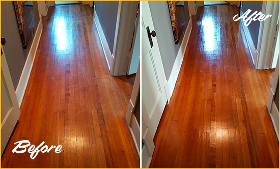Before and After Picture of a Manville Wood Sand Free Refinishing Service on a Floor to Eliminate Scratches