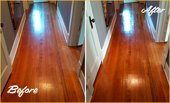 Before and After Picture of a Far Hills Wood Sand Free Refinishing Service on a Floor to Eliminate Scratches