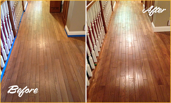 Before and After Picture of a Far Hills Wood Sand Free Refinishing Service on a Worn Out Floor