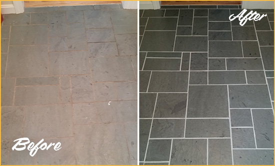 Before and After Picture of a Flagtown Slate Floor Cleaned to Remove Deep-Seated Dirt