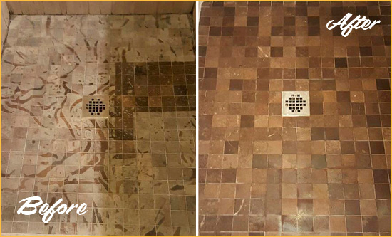 Before and After Picture of a Stained Franklin Park Marble Shower Floor Cleaned to Remove Etching