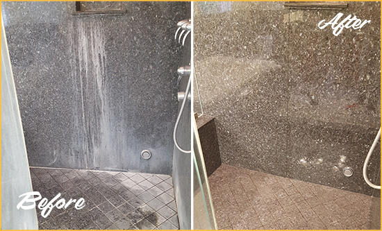 Before and After Picture of a Pluckemin Granite Shower Cleaned to Remove Mineral Deposits