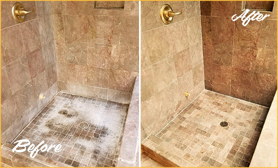 Before and After Picture of a Pluckemin Travertine Shower Cleaned to Eliminate Water Spots