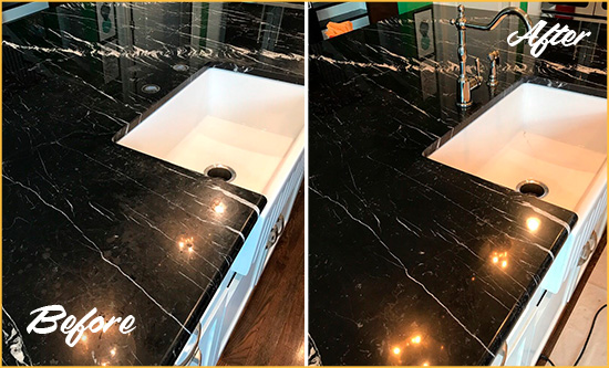 Before and After Picture of a Pottersville Marble Kitchen Countertop Stone Sealed to Avoid Water Damage