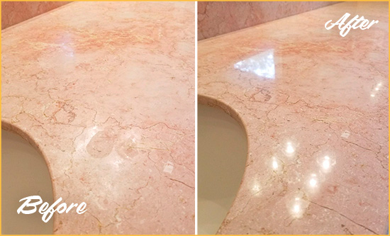 Before and After Picture of a Bernardsville Marble Stone Vanity Top Sealed to Avoid Water Marks