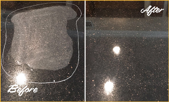 Before and After Picture of a Skillman Granite Kitchen Countertop Honed to Eliminate Scratch
