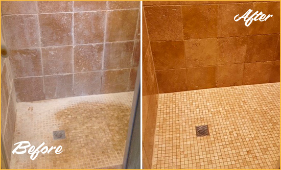 Before and After Picture of a Frenchtown Travertine Shower Honed to Remove Mineral Deposits