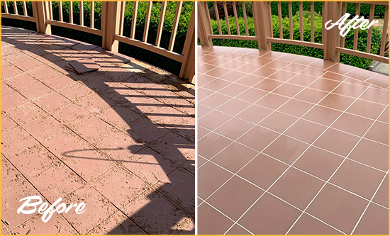 Before and After Picture of a Lyons Hard Surface Restoration Service on a Tiled Deck