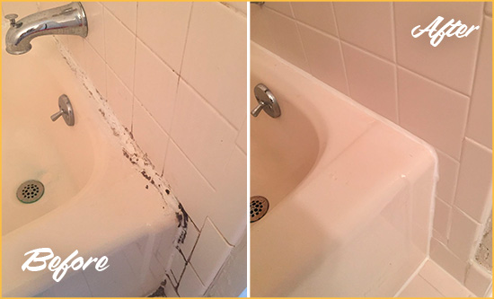 Before and After Picture of a Ringoes Hard Surface Restoration Service on a Tile Shower to Repair Damaged Caulking