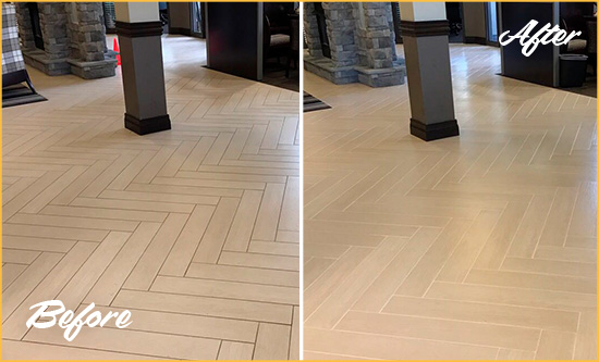 Before and After Picture of a Frenchtown Hard Surface Restoration Service on an Office Lobby Tile Floor to Remove Embedded Dirt