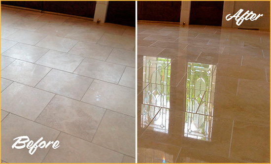 Before and After Picture of a Somerset Hard Surface Restoration Service on a Dull Travertine Floor Polished to Recover Its Splendor