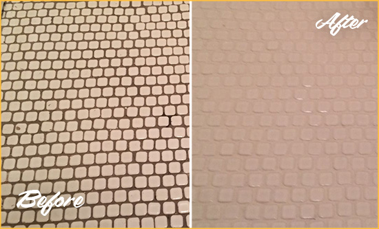 Before and After Picture of a Rosemont Hard Surface Restoration Service on a Bathroom Tile Floor Recolored to Fix Grout Color