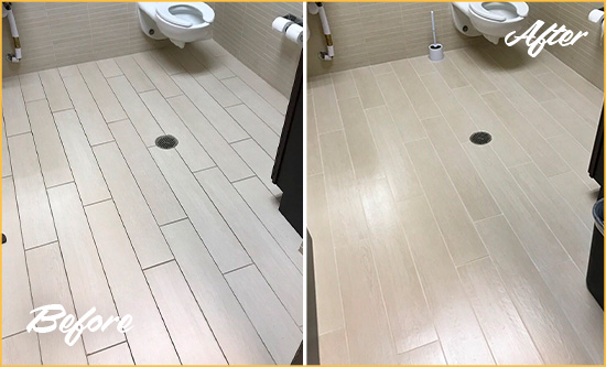 Before and After Picture of a Far Hills Office Restroom's Grout Cleaned to Remove Dirt