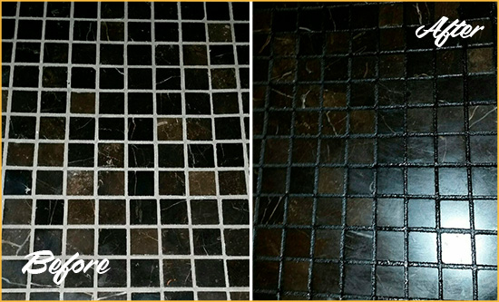 Before and After Picture of a Three Bridges Black Floor with Recolored Grout