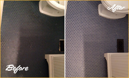 Before and After Picture of a Three Bridges Blue Tile Floor Recolored Grout