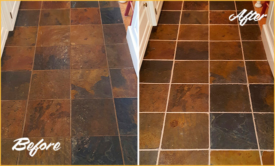 Before and After Picture of a Three Bridges Slate Floor Recolored Grout