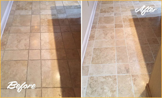 Before and After Picture of a Three Bridges Travertine Kitchen Floor Recolored Grout