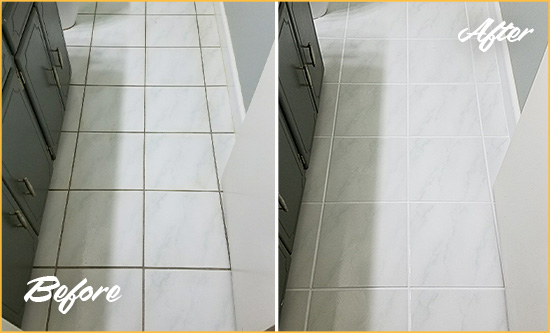 Before and After Picture of a Rocky Hill White Ceramic Tile with Recolored Grout