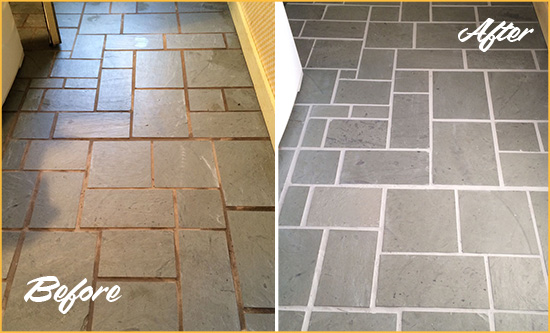 Before and After Picture of Damaged South Bound Brook Slate Floor with Sealed Grout