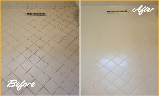 Before and After Picture of a Bloomsbury White Bathroom Floor Grout Sealed for Extra Protection