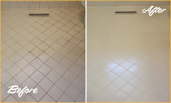 Before and After Picture of a Flemington White Bathroom Floor Grout Sealed for Extra Protection