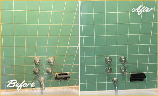 Before and After Picture of a Blawenburg Bath Tub Grout Sealed to Avoid Water Damage