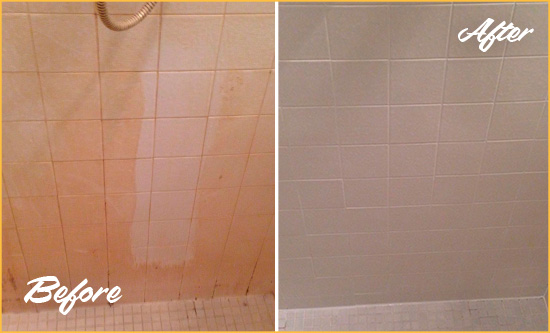 Before and After Picture of a Three Bridges Porcelaine Shower Cleaned to Remove Soap Scum