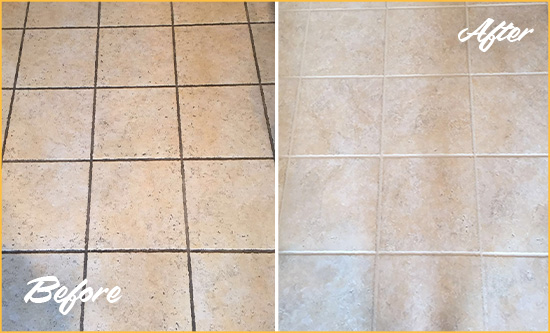 Before and After Picture of a Three Bridges Ceramic Floor Cleaned to Remove Soil