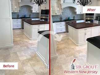 Before and After Picture of a Grout Cleaning Job in Bridgewater, NJ