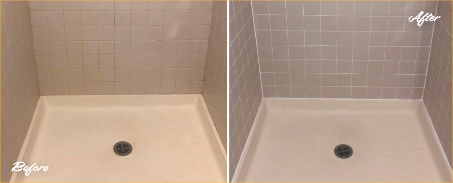 Shower Before and After a Tile and Grout Cleaning Job in Hillsborough, NJ