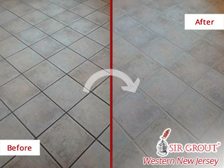 Tile Floor Before and After a Grout Cleaning Service in High Bridge, NJ