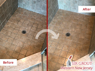 Picture of a Ceramic Floor Before and AfterGrout Cleaning in Basking Ridge, NJ