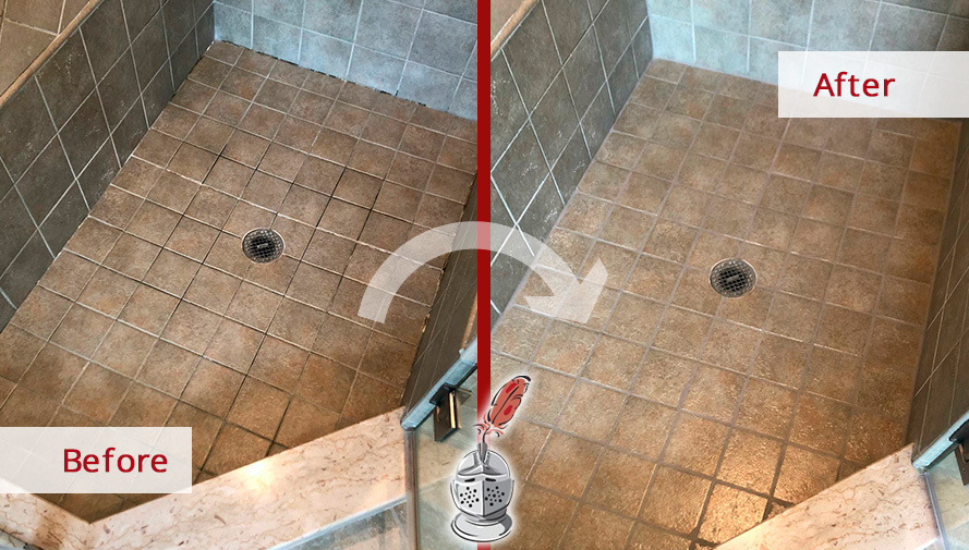 Before and After Picture of a Ceramic Floor After Grout Cleaning in Basking Ridge, NJ